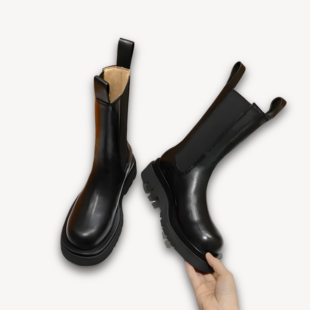 Woman’s Black Leather Chelsea Boots - Chunky Sole, Slip-On, Durable, Stylish Casual Footwear