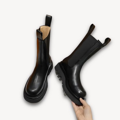 Woman’s Black Leather Chelsea Boots - Chunky Sole, Slip-On, Durable, Stylish Casual Footwear