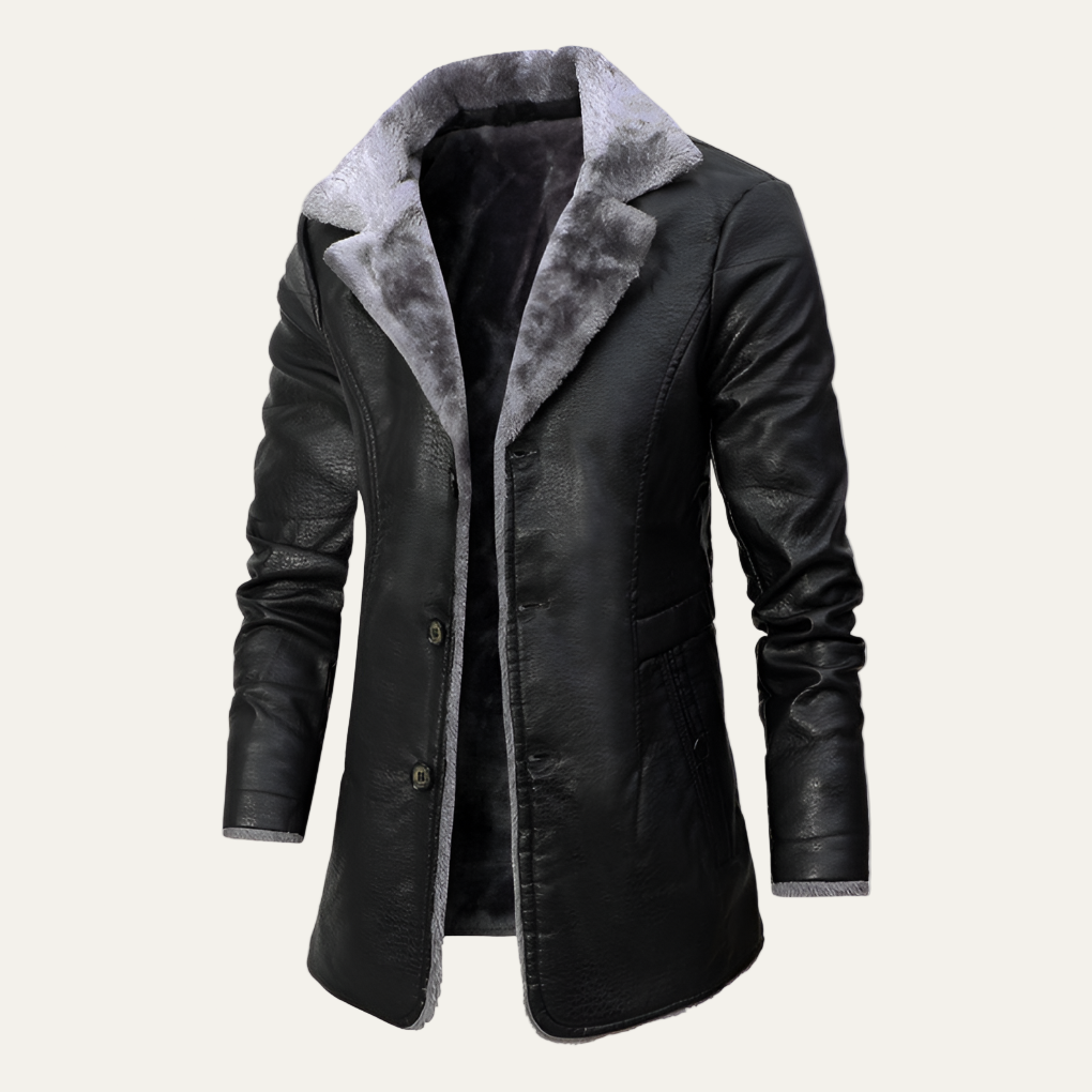Men’s Faux Leather Long Coat with Warm Fur Collar