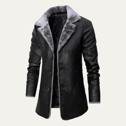 Men’s Faux Leather Long Coat with Warm Fur Collar