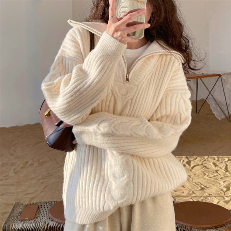 Women's Classic Cream Sweater with Zip - BritishElegance
