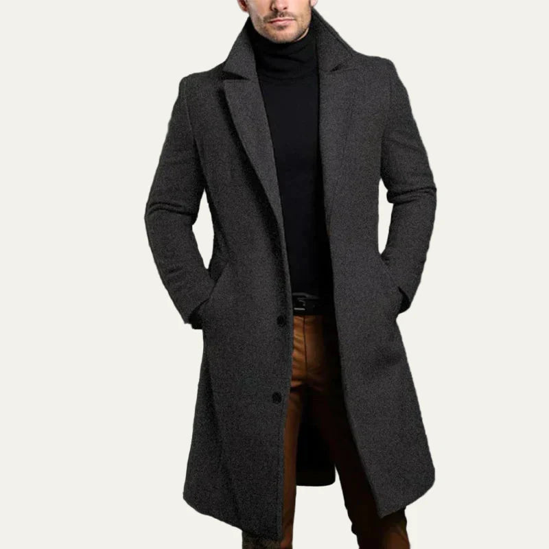 Men’s Long Tailored Overcoat with Wide Lapels