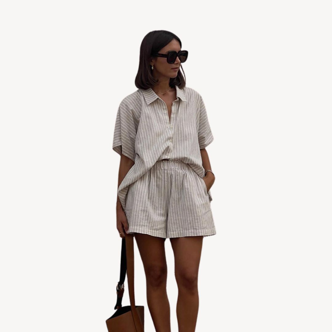 Textured Striped Linen Blend Short Set Women