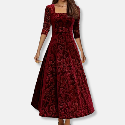 Ivy A-Line Midi Dress | Floral Square Neck Three-Quarter Sleeve Dress