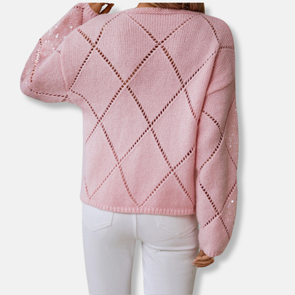 Women’s Knitted Sweatshirt – Relaxed Fit – Diamond Openwork – Sequin Embellished Sleeves
