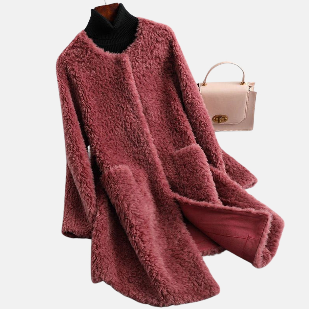 Women’s Mid-Length Coat – Relaxed Fit – Shaggy Faux Fur – Open Front – Patch Pockets
