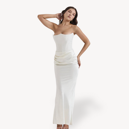 Women’s Strapless Satin Corset Maxi Dress – Formal Gown in Multiple Colors