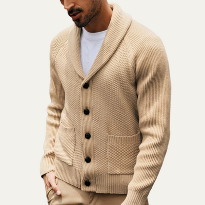 Men’s Shawl Collar Textured Knit Cardigan with Patch Pockets