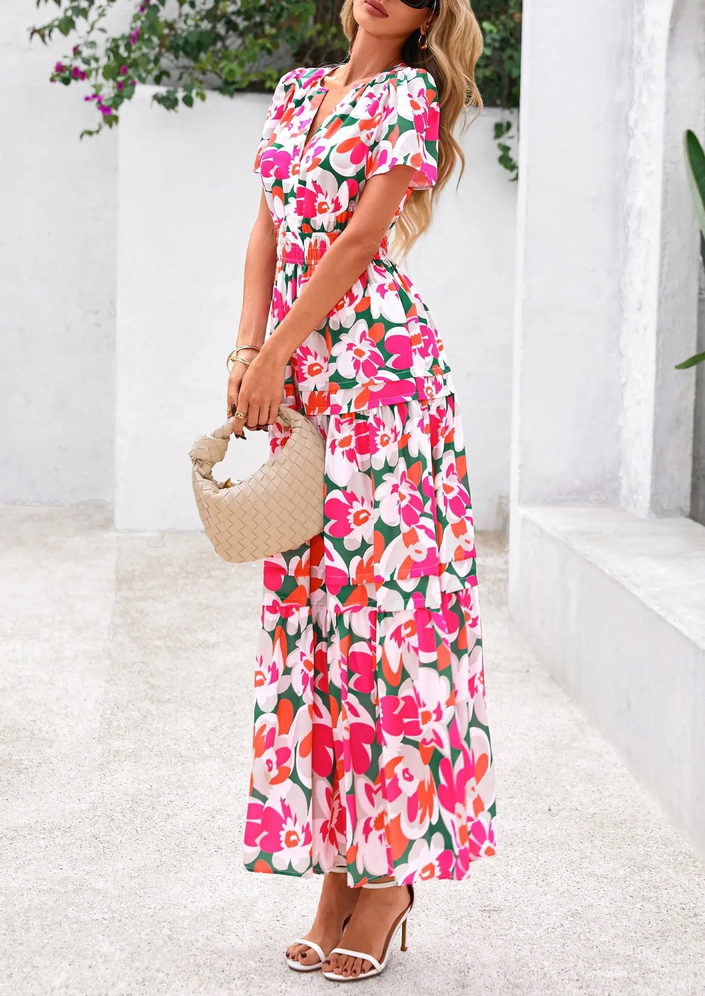 Boho Floral Short Sleeve V Neck A Line Tiered Ruffle Flowy Long Beach Vacation Maxi Dresses