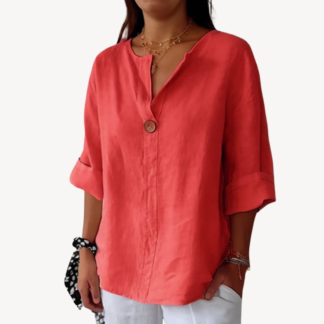 Women's Linen Long Sleeve V-Neck Blouse