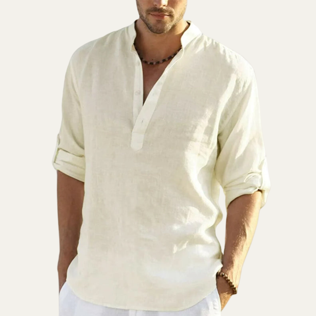 Men’s Collarless Linen Placket Shirt