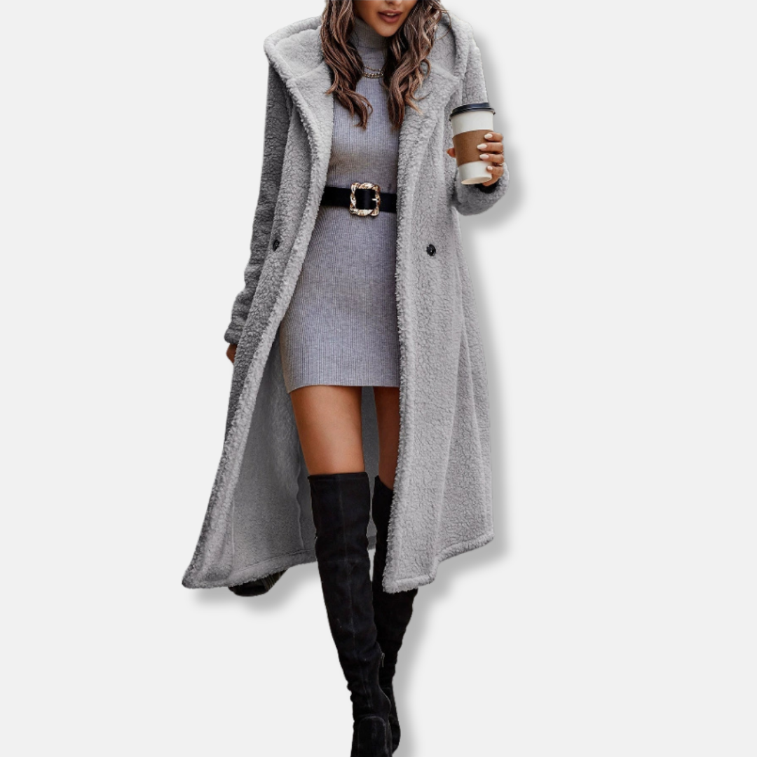 Women’s Long Coat – Plush Fleece Feel – Relaxed Fit – Hooded – Notched Lapel