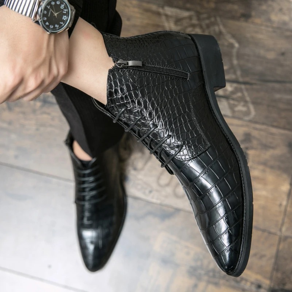The Stromboli Men’s Crocodile Pattern Leather Ankle Boots - Black