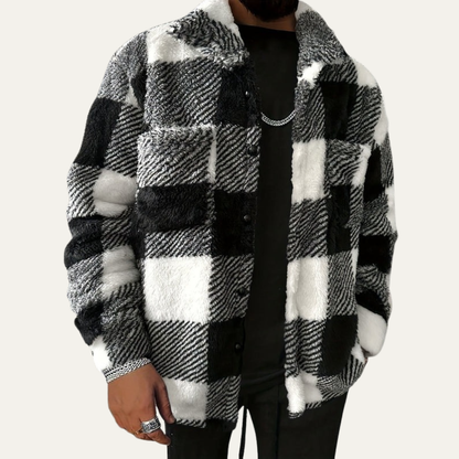 Men’s Fuzzy Plaid Button Up Shirt Jacket