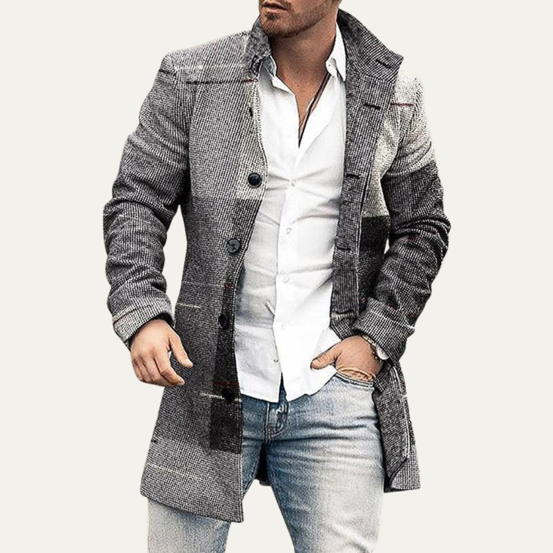 Men’s Long Check Pattern Tailored Overcoat