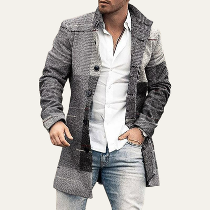 Men’s Long Check Pattern Tailored Overcoat