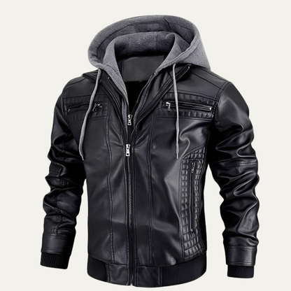 Men’s Layered Faux Leather Moto Jacket with Hood