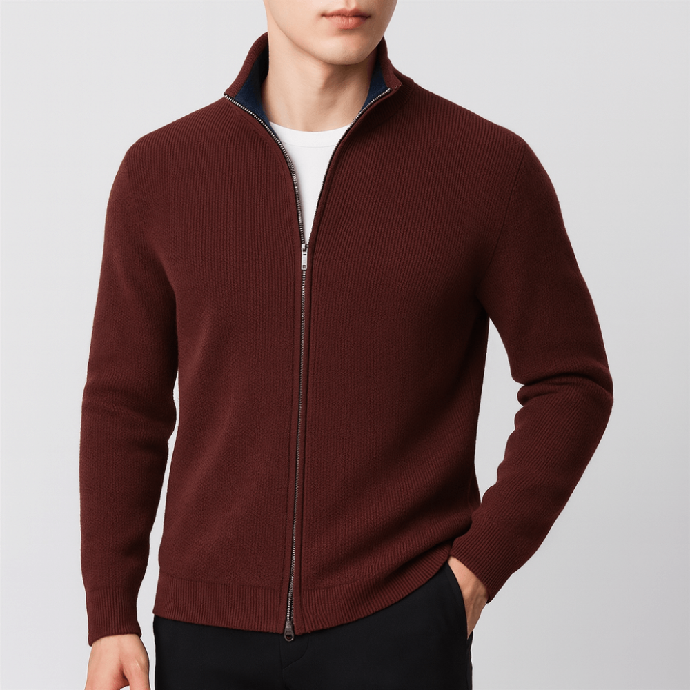 Men’s Full Zip Knit Cardigan with Contrast Collar Lining