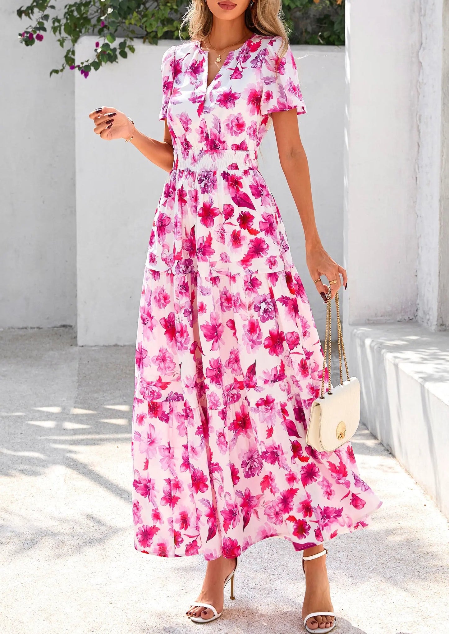 Boho Floral Short Sleeve V Neck A Line Tiered Ruffle Flowy Long Beach Vacation Maxi Dresses