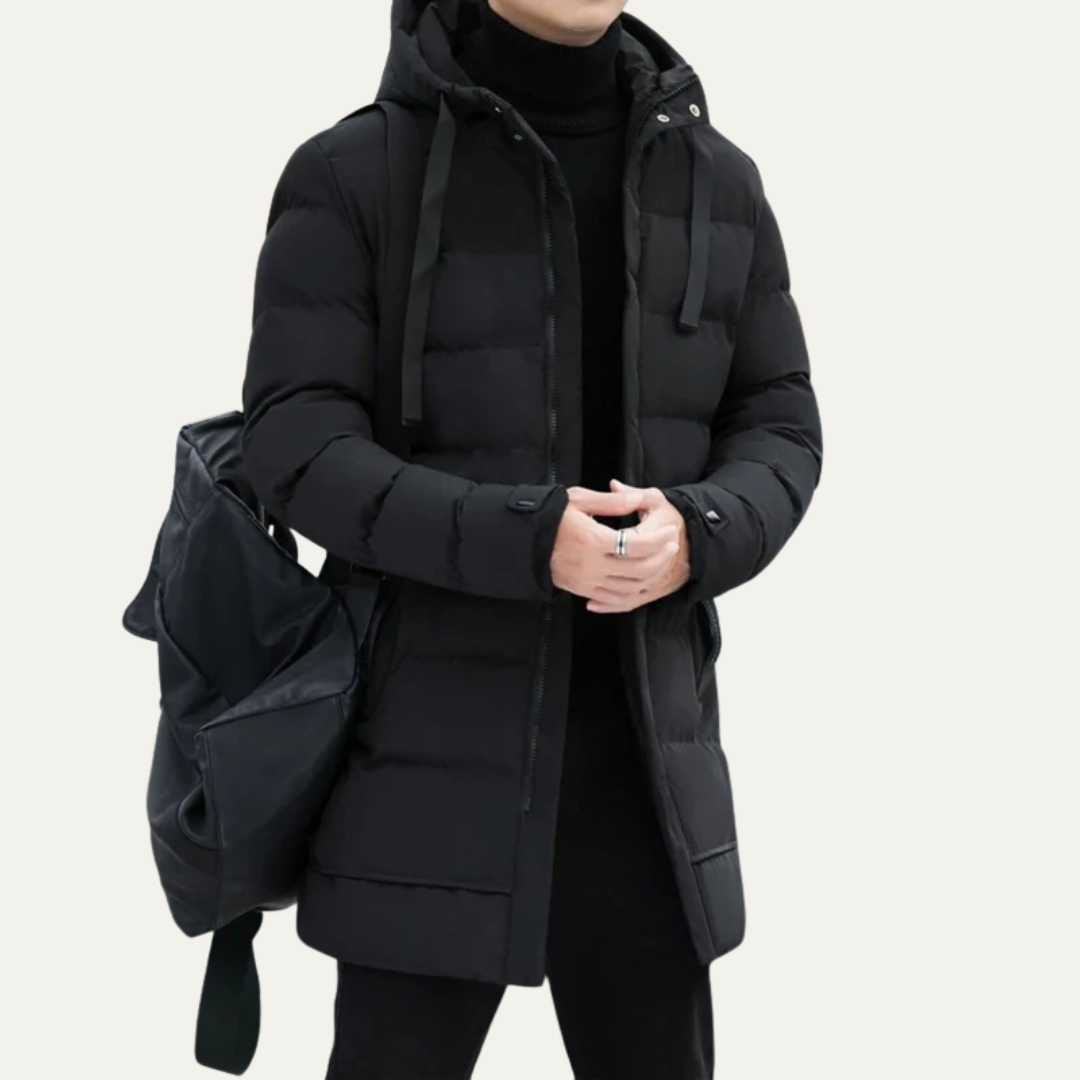 Men’s Long Line Hooded Puffer Coat with Full Zip Closure