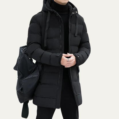 Men’s Long Line Hooded Puffer Coat with Full Zip Closure
