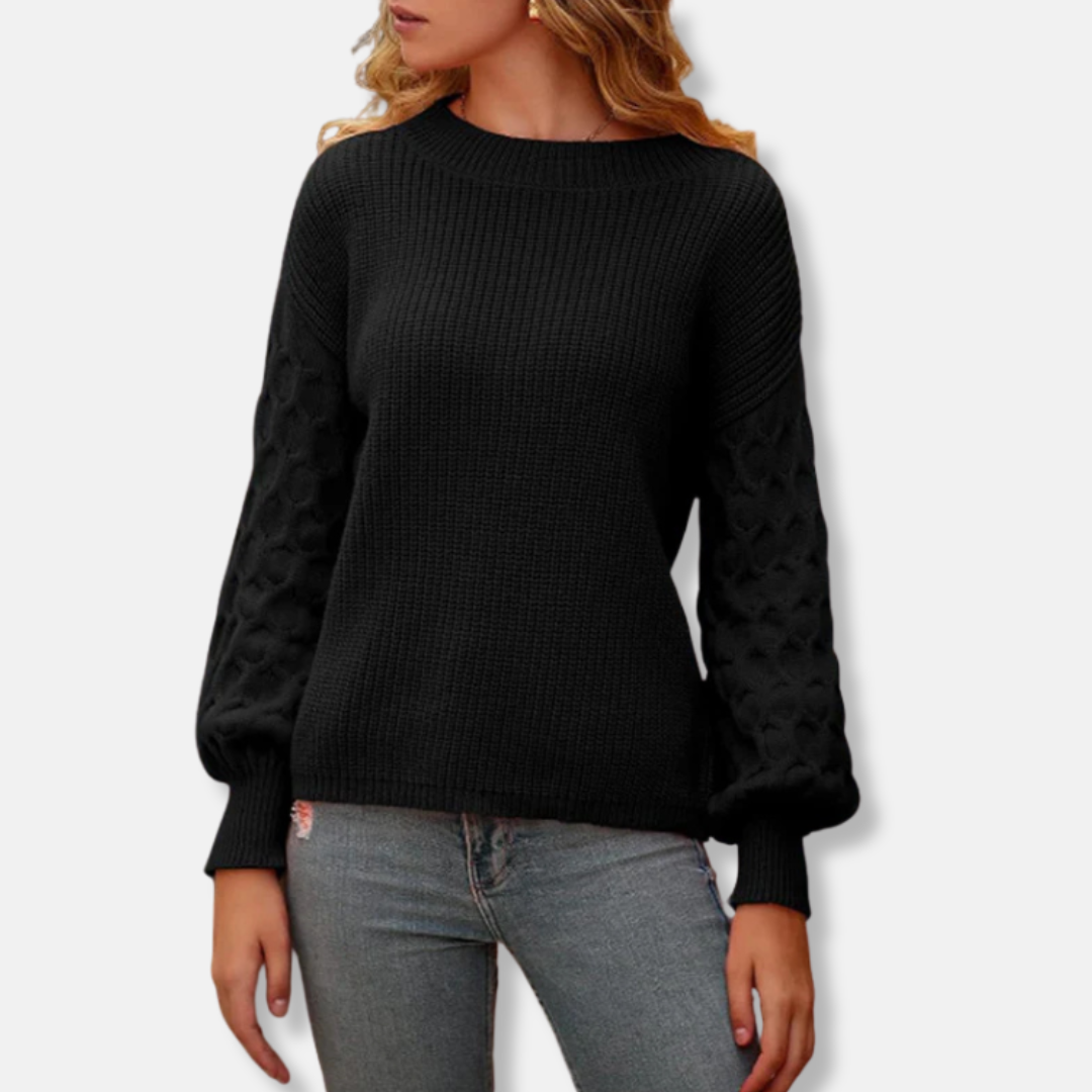 Women’s Pullover Sweatshirt – Relaxed Fit – Textured Knit – Balloon Sleeves – Ribbed Trim