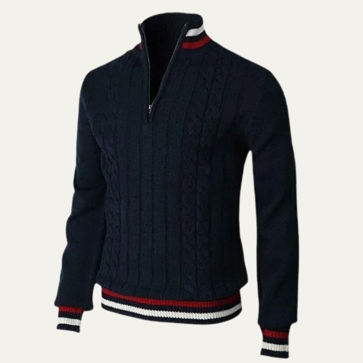 Men’s Cable Knit Quarter Zip Sweater with Contrast Tipping