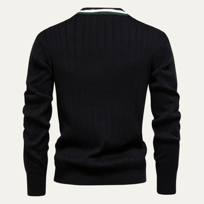 Men’s V Neck Rib Knit Cardigan with Striped Trim