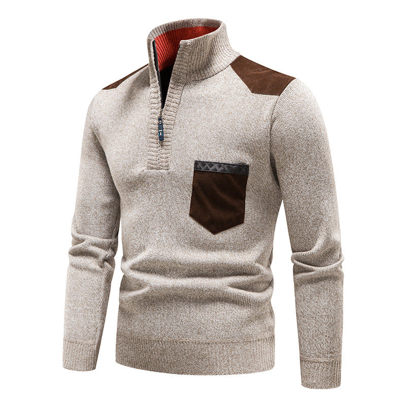 Men’s Quarter Zip Patch Shoulder Pullover Sweater