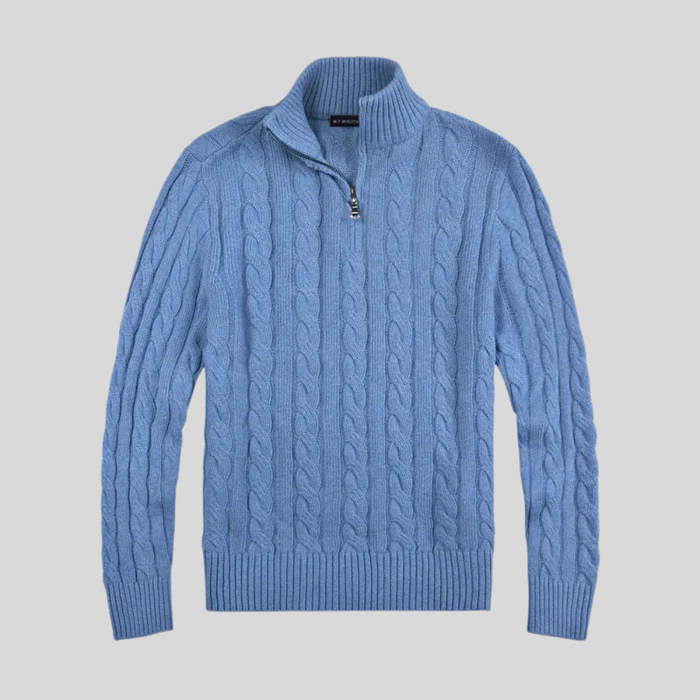 Men’s Cable Knit Mock Neck Quarter Zip Sweater