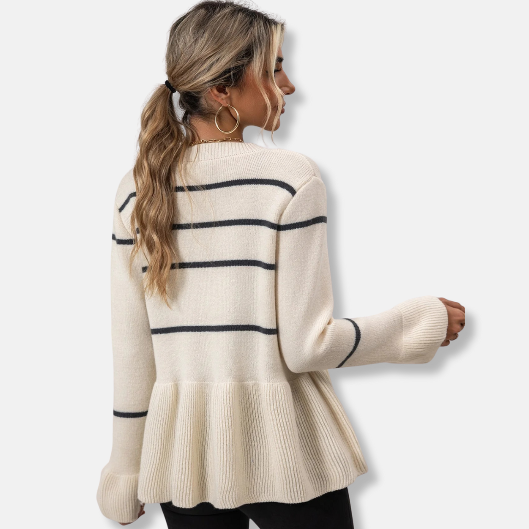 Women’s Cardigan – Loose Fit – V-Neck – Button Front – Peplum Hem – Ribbed Trim