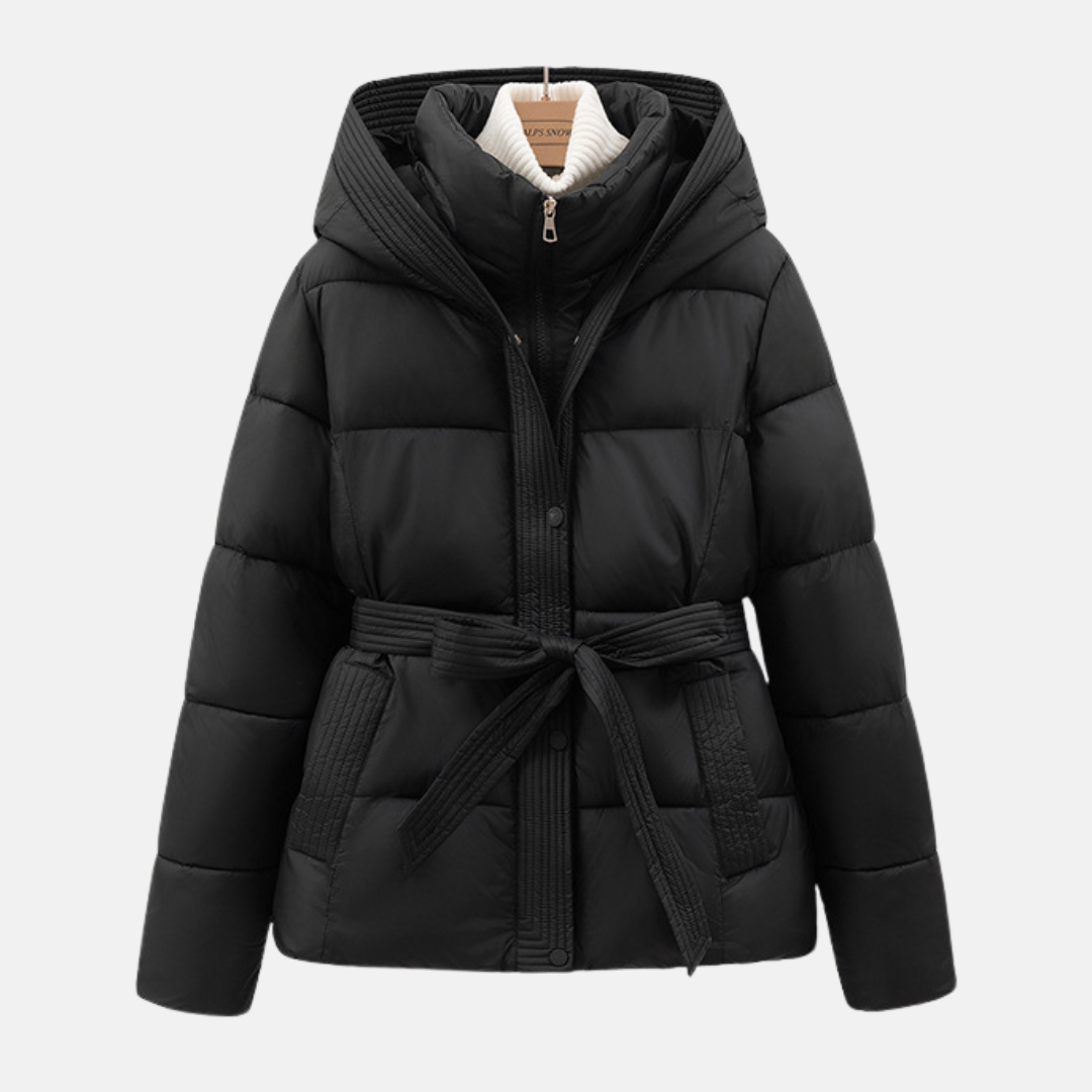 Women’s Padded Coat – Slim Fit – Quilted Insulation – Hooded with Tie Waist