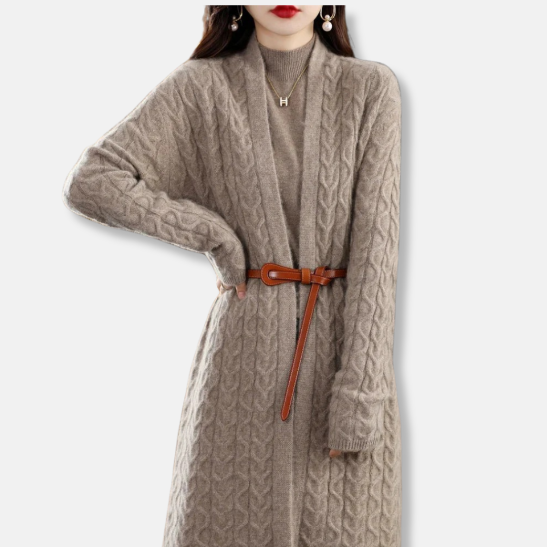 Women’s Long Cardigan – Wool Knit – Relaxed Fit – Cable Pattern – Belted Waist