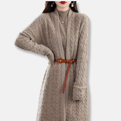 Women’s Long Cardigan – Wool Knit – Relaxed Fit – Cable Pattern – Belted Waist