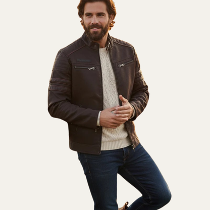 Men’s Faux Leather Racer Jacket with Quilted Trim