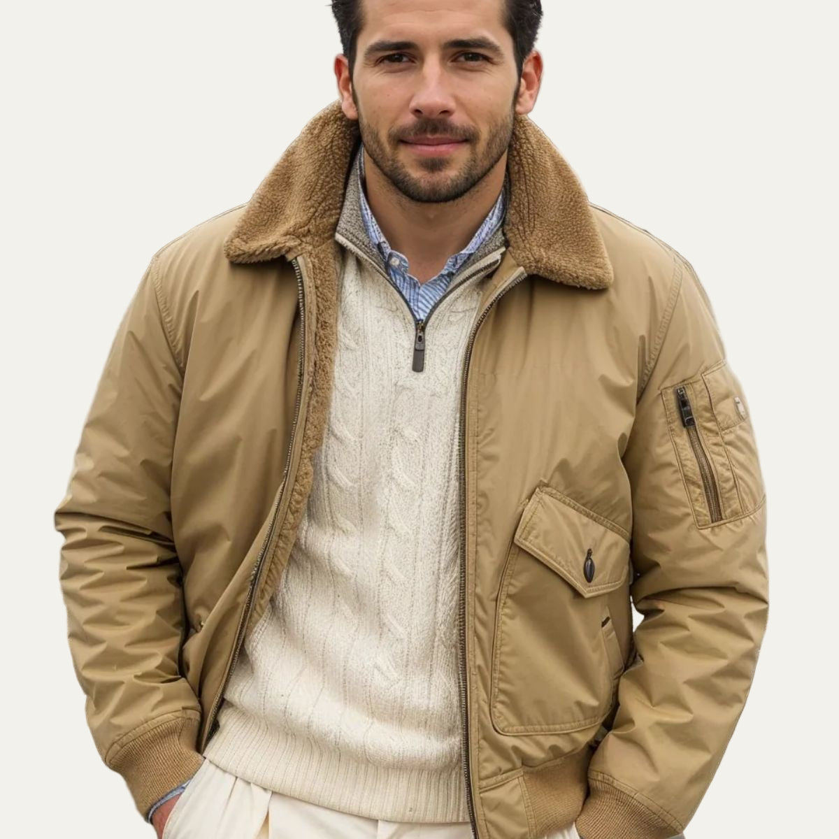 Men’s Faux Shearling Collar Full Zip Flight Jacket