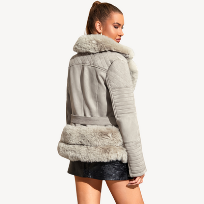 Women's Faux Fur Shearling Biker Jacket Brown