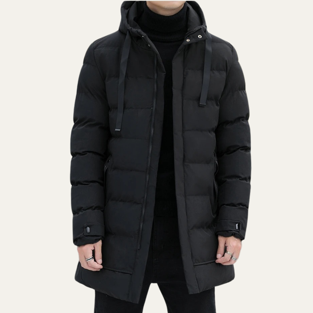 Men’s Long Line Hooded Puffer Coat with Full Zip Closure