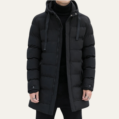 Men’s Long Line Hooded Puffer Coat with Full Zip Closure