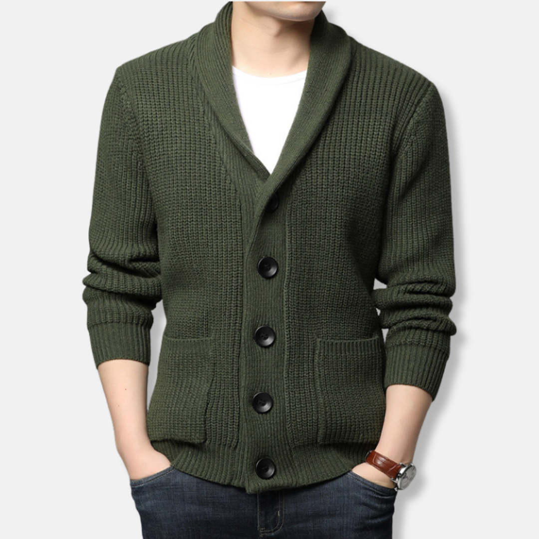 Men’s Cardigan Sweater – Regular Fit – Chunky Ribbed Knit – Shawl Collar – Button Front