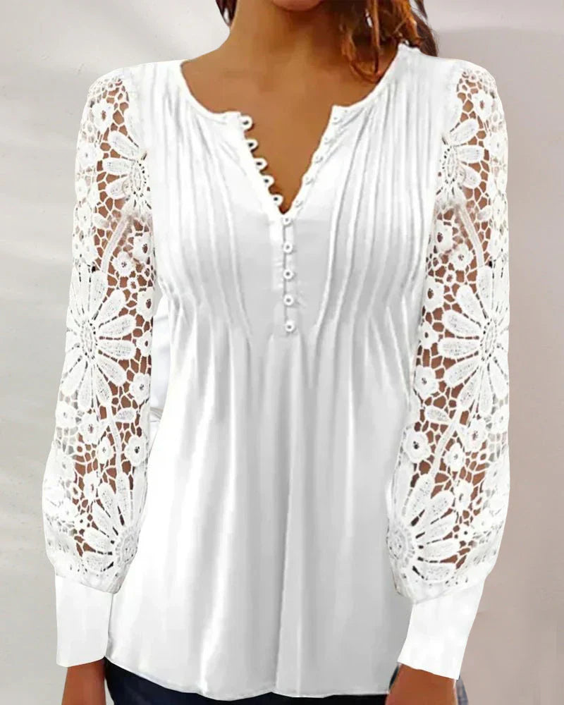 Ladies' Chic Blouse with Long Sleeves and Lace Trim - BritishElegance