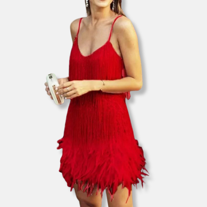 Isla Sequined Straight Fit Mini Dress | Feather Trim Fringe Mini Dress