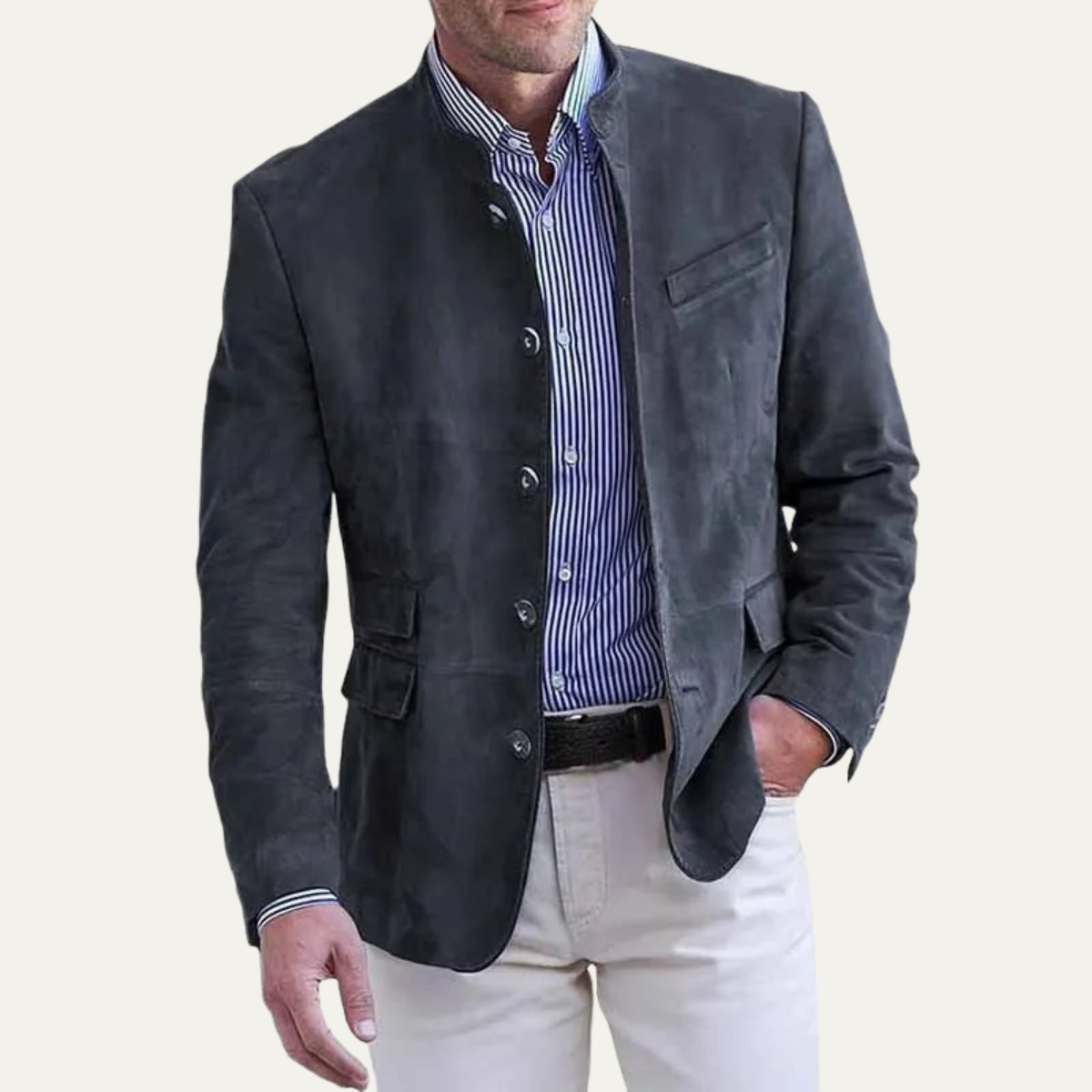 The Maranello Men’s Smart Stand Collar Button Up Suede Blazer Jacket
