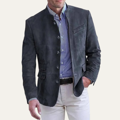 The Maranello Men’s Smart Stand Collar Button Up Suede Blazer Jacket