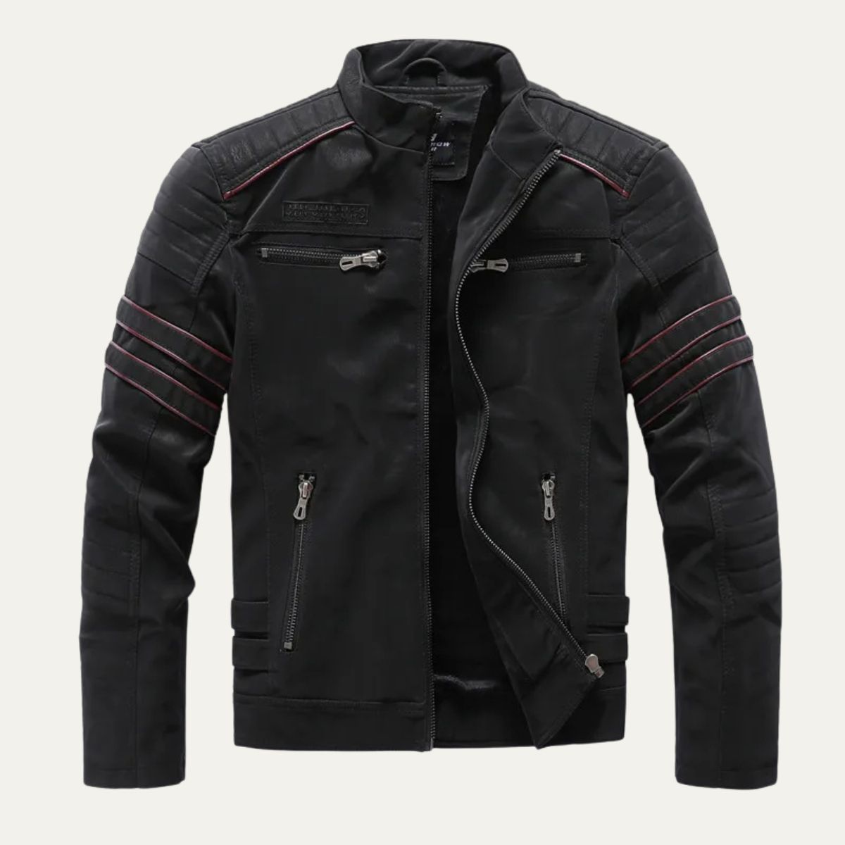 Men’s Faux Leather Racer Jacket with Quilted Trim