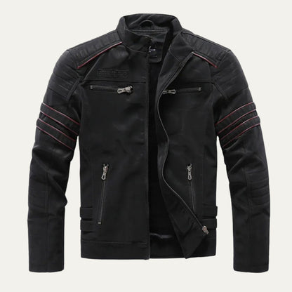Men’s Faux Leather Racer Jacket with Quilted Trim