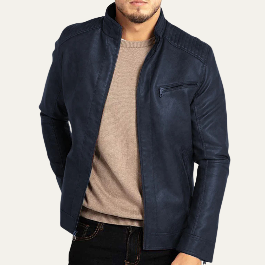 Men’s Stand Collar Faux Leather Biker Jacket
