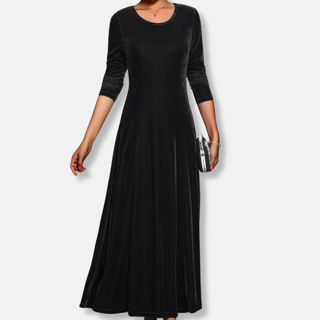 Olivia A-Line Maxi Dress | Solid Crewneck Long Sleeve Dress