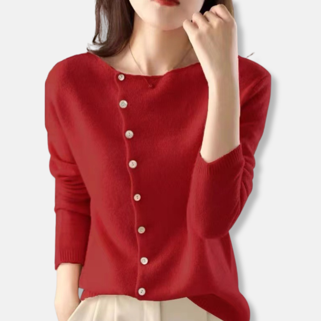 Women’s Knitted Cardigan – Relaxed Fit – Wool Blend – Asymmetrical Buttons – Ribbed Cuffs