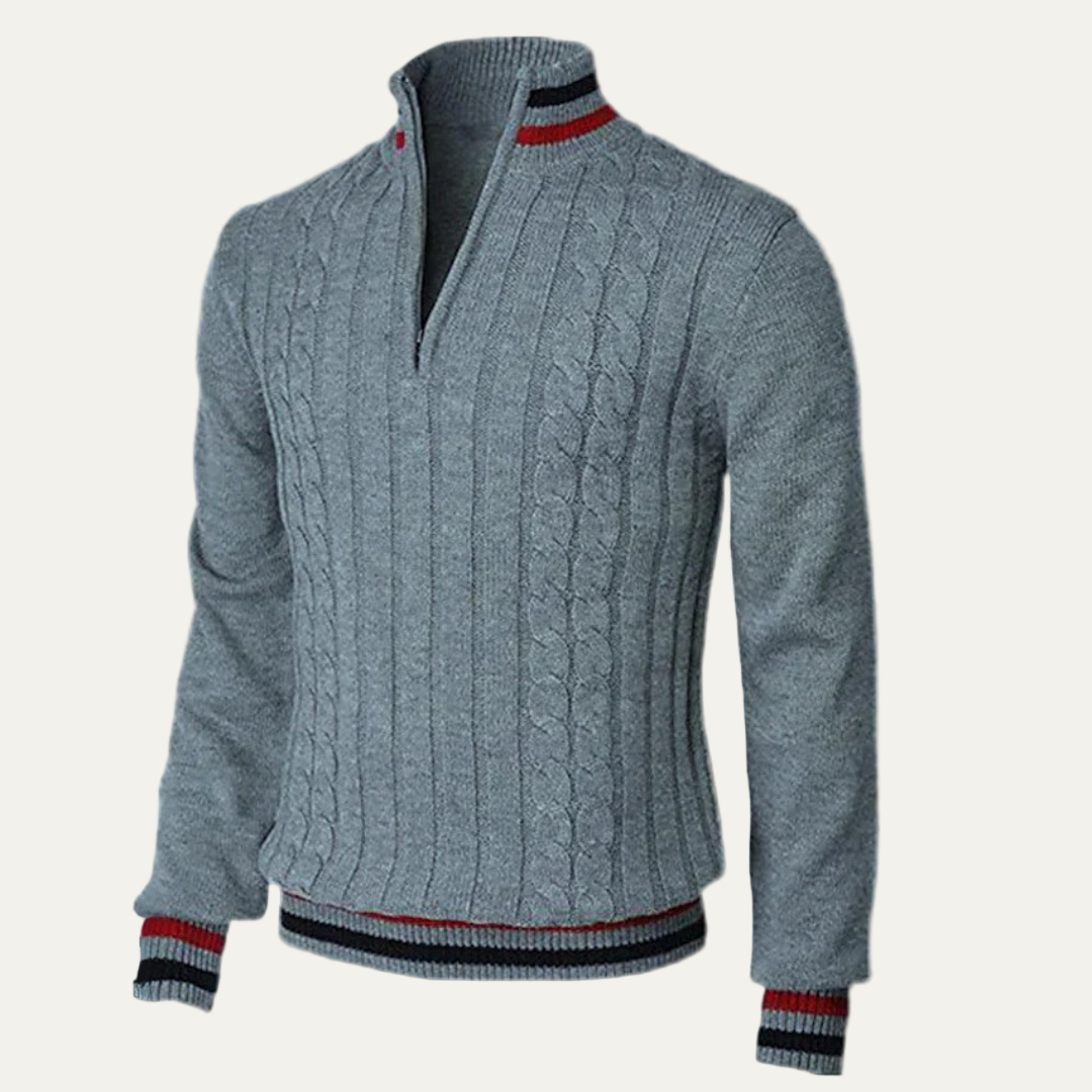 Men’s Striped Mock Neck Cable Zip Sweater